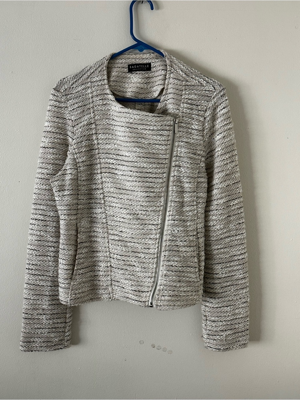 bagatelle Cream and Gray Tweed Asymmetrical Zip Jacket